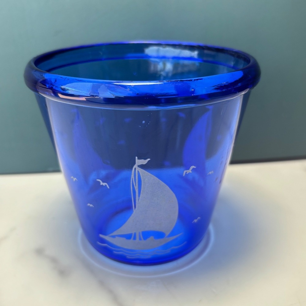 Vintage Hazel Atlas Cobalt Blue Glass Sailboat Ice Bucket Cocktail Mixer